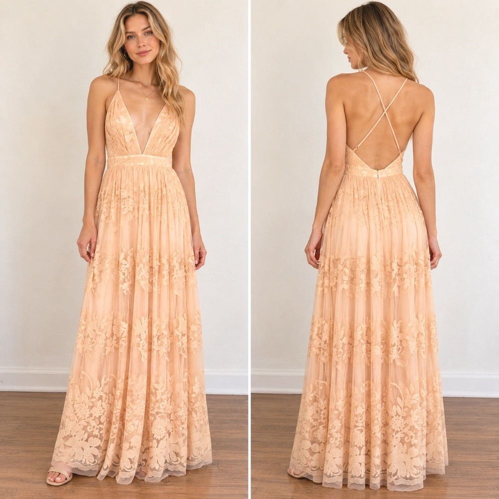 Luxxel Y2K Lace Maxi Dress Size M Deep V Fairy Open Back Formal Evening Gown